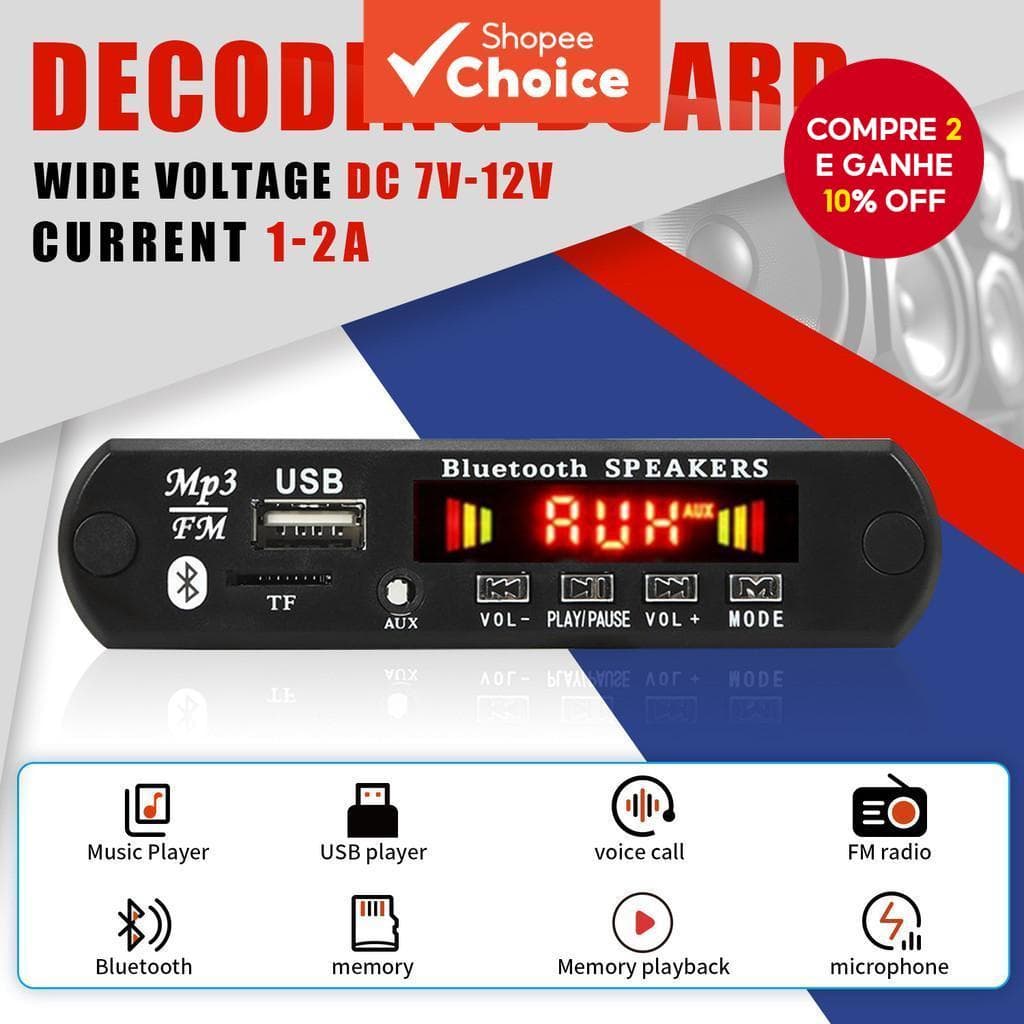 Kit DC 12V Bluetooth 5.0 MP3 Áudio WMA Rádio FM AUX TF USB para Carro