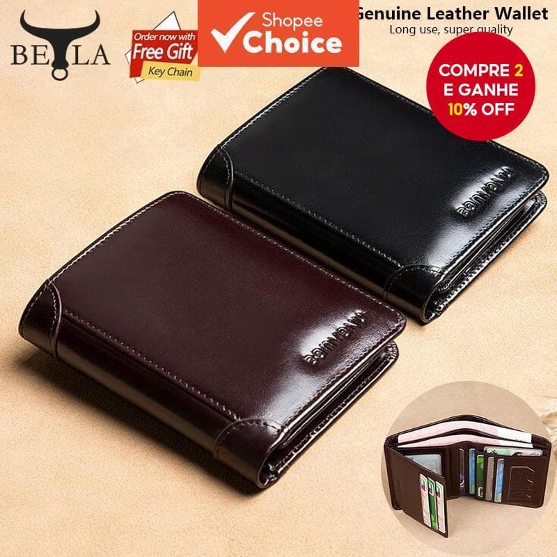 Carteira Masculina De Couro Com Três Dobras – Porta-Cartões Curto Vertical Bloqueio RFID , Preto E Café