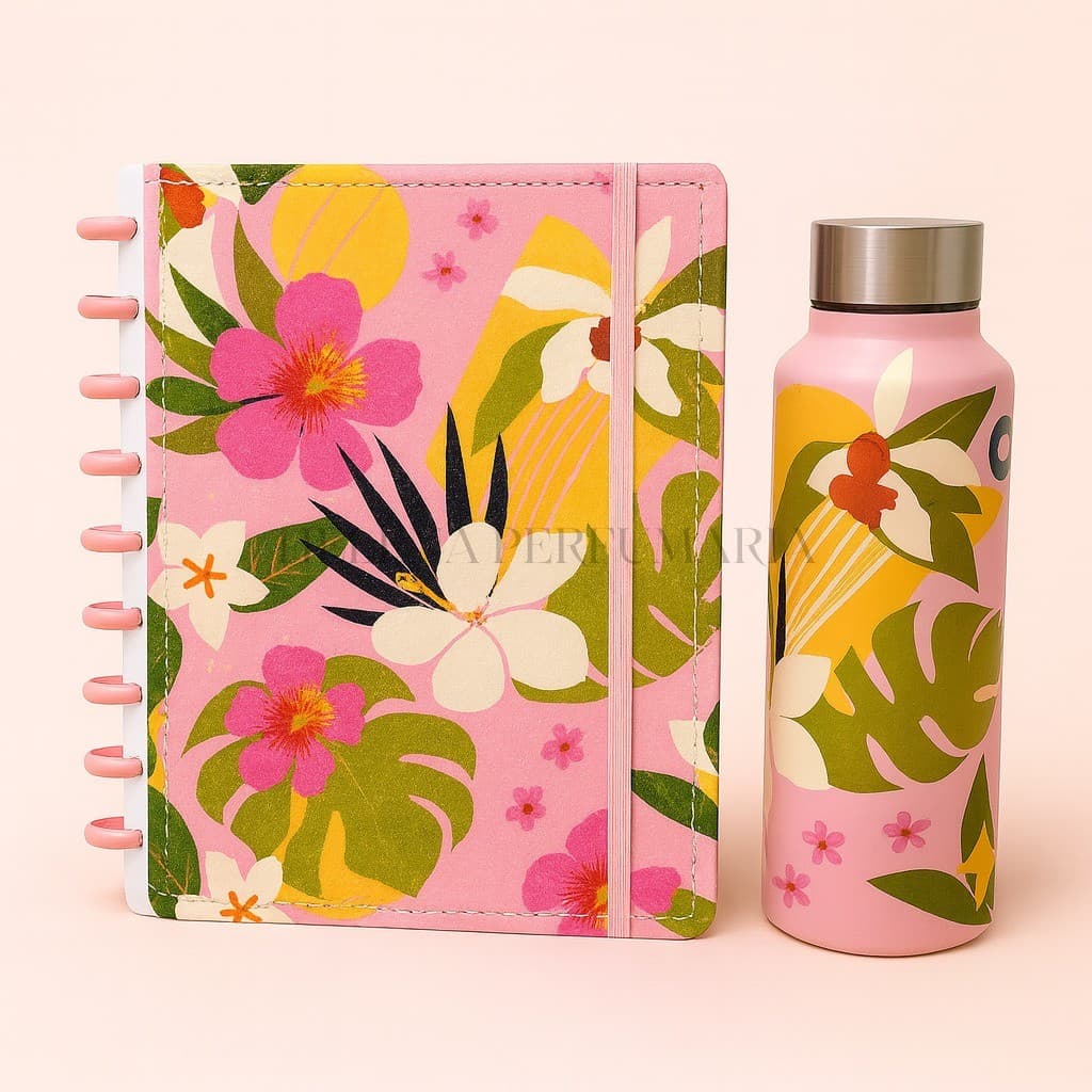 Kit Floral Tropical Caderno de Discos B5 + Garrafa 800ml | Design Colorido Feminino