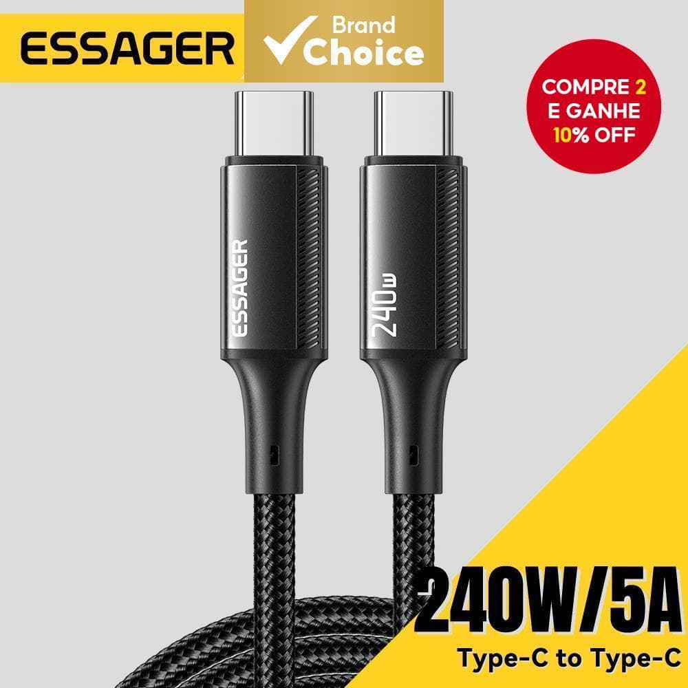 Cabo de Carga Type-C para Type-C Essager 240W com chip E-Marker embutido para Xiaomi IP1 5.