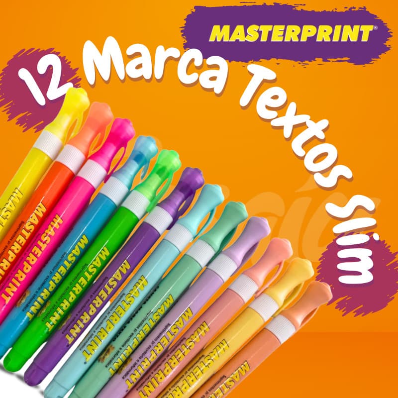 Kit 12 Marca Texto Caneta Slim (6 Neon + 6 pastel) Infantil Escolar Diversas Cores Masterprint