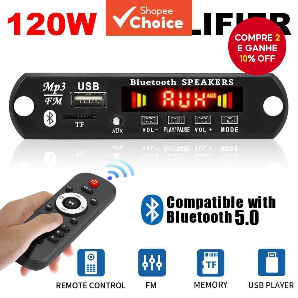 Amplificador 120W Bluetooth 5.0 MP3 WMA WAV Placa 12V MP3 Player Música Do Carro Módulo De Rádio FM Com Controle Remoto 