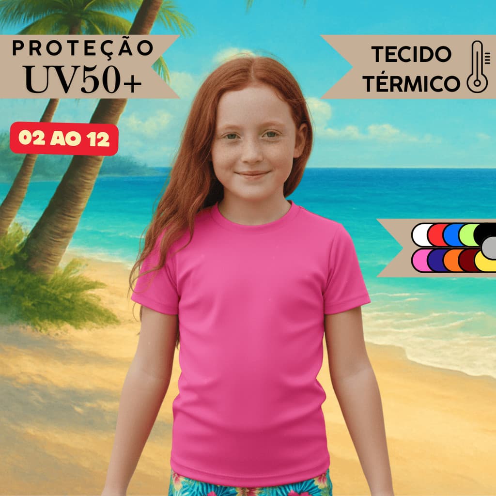 Camisa Térmica Infantil Menina Manga Curta Proteção Solar Segunda Pele de 2 a 12 anos Uv50+