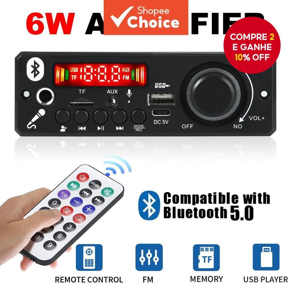 Amplificador 6W DC 5V MP3 WMA Bluetooth 5.0 Módulo De Áudio USB TF Rádio Receptor FM Sem Fio MP3 Player