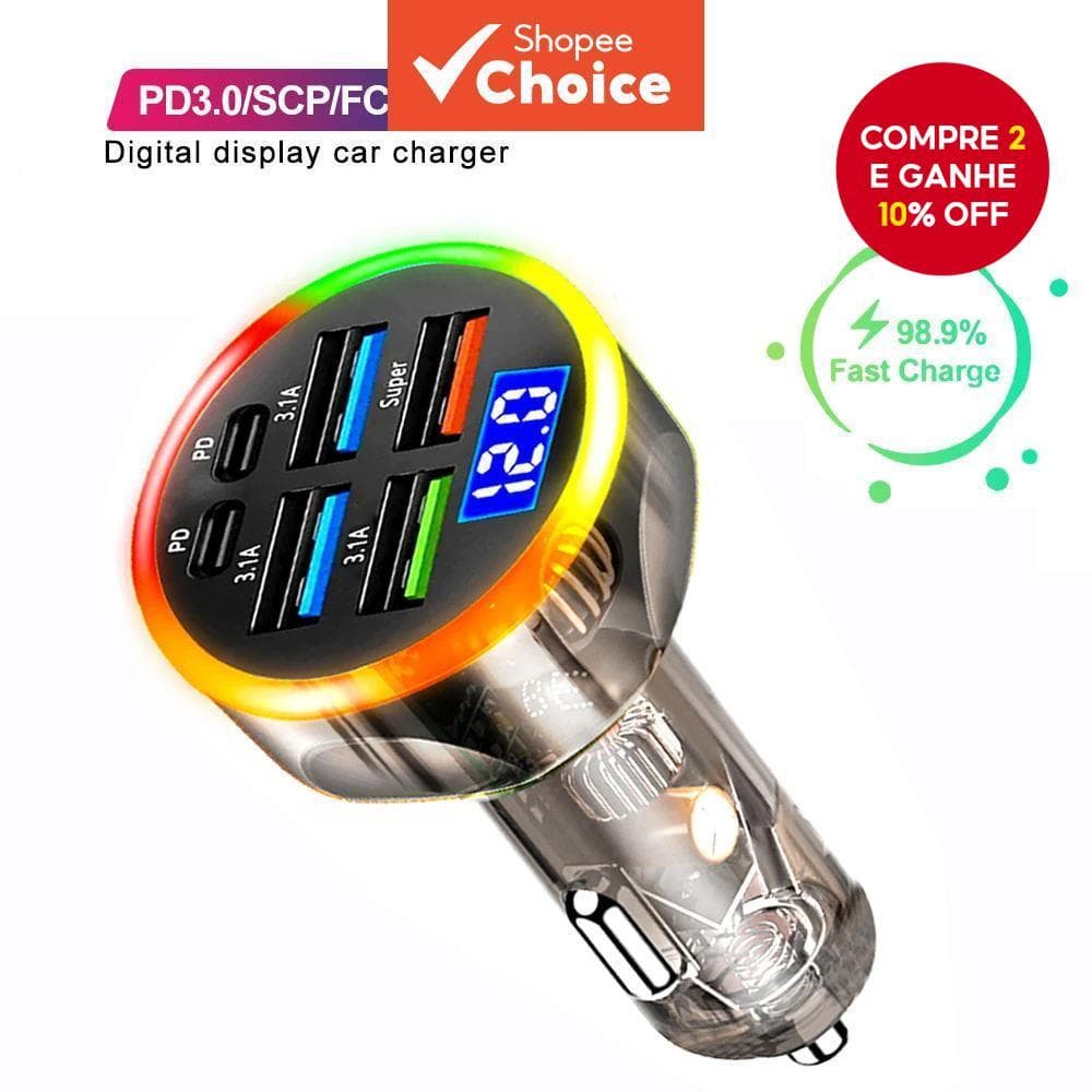 Carregador De Carro Cor Atmosfera Luz Transparente Habitação 4 USB 2 PD 12-24V Carregamento Rápido 97W