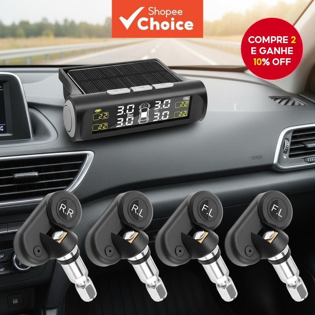  Sistema de Monitoramento de Pressão dos Pneus LCD TPMS Solar Sem Fio com 4 Sensores Integrados