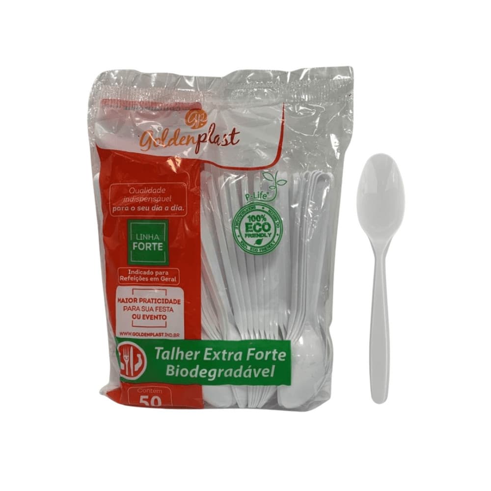 Colher para Refeição 17,5cm Branca Reforçada Biodegradável Goldenplast  com 50 unidades