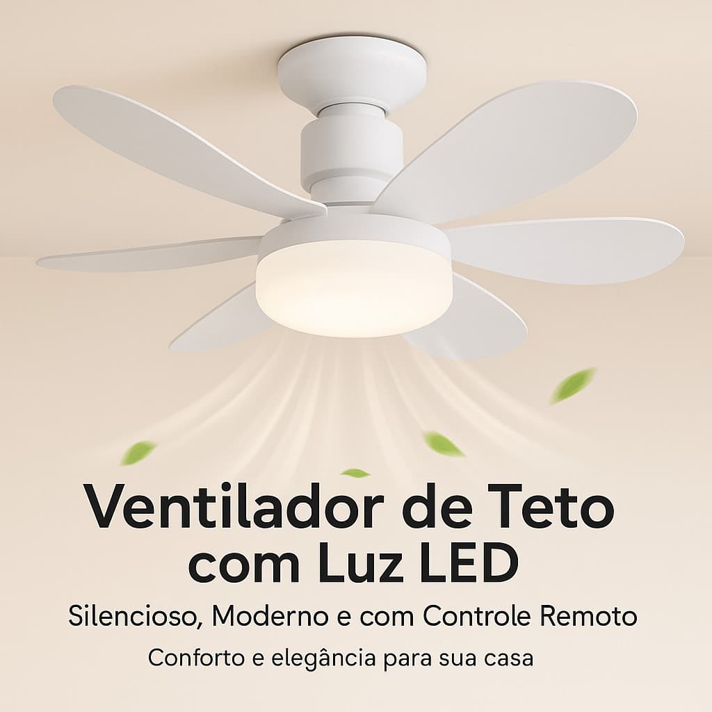 Ventilador de Teto com Lâmpada LED80w  42CM, Super Silencioso, 6 Hélices, Bivolt