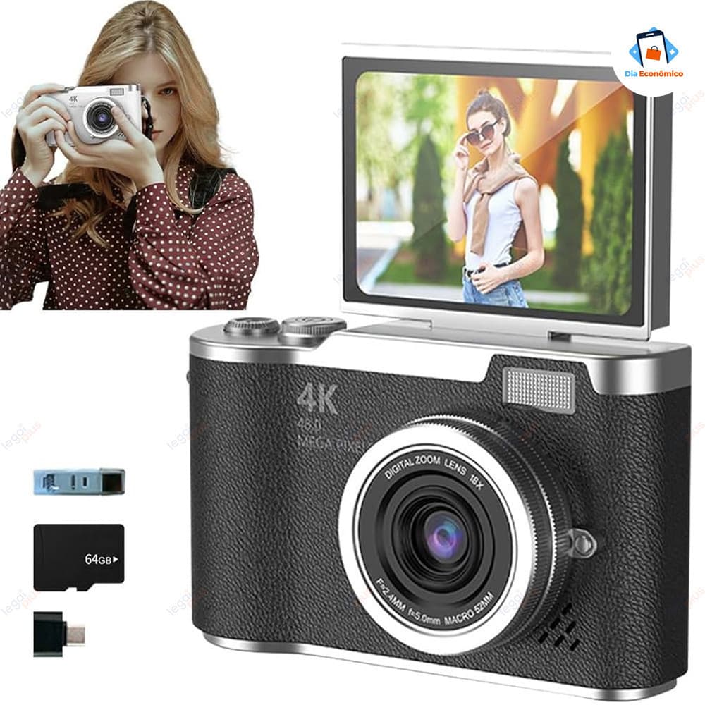 Câmera Digital 4K com Tela Flip 180° Ideal para Selfies Zoom 8x CCD 48MP Compacta Estudantil