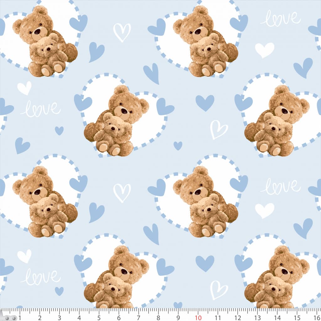 Tecido Tricoline Estampado Ursinhos Coracoes Azul Pano Infantil Costura Artesanato Enxoval Macio