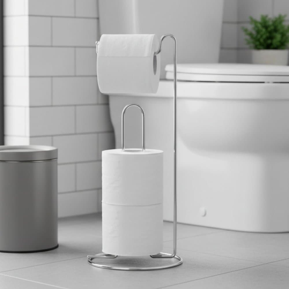 Porta Papel Higiênico de Chão Aço Inox Para 3 Rolos Suporte Cromado Para Banheiro