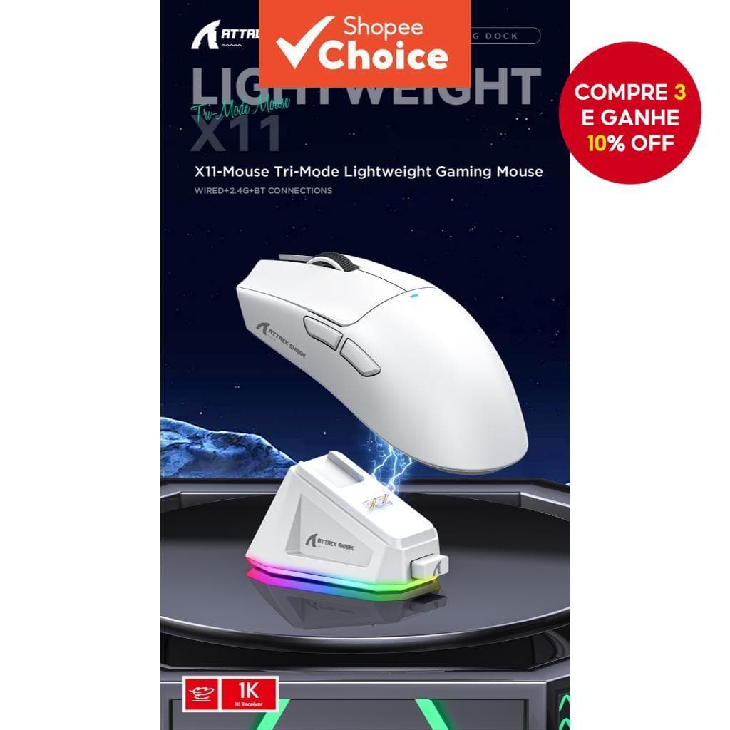 Mouse Attack Shark X11 Sem Fio Bluetooth Três Modos 2.4G BT5.0 22000DPI Recarregável RGB PC Gaming Configuração De Mesa 