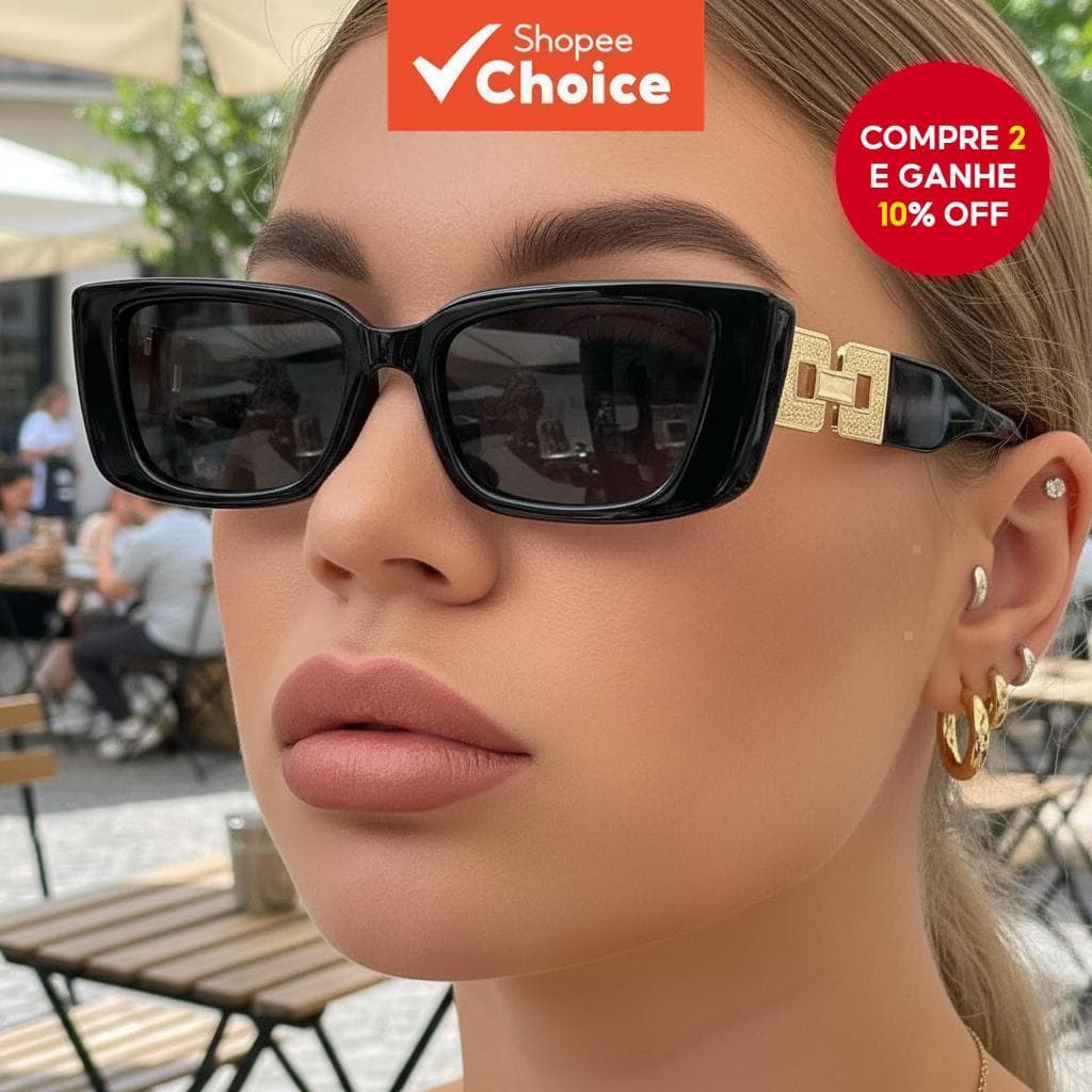 Óculos de sol femininos estilo gatinho com armação pequena e corrente vazada