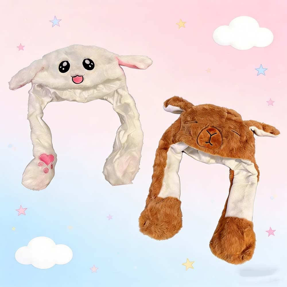 Touca de Pelúcia de Coelho e Capivara com LED e Orelhas Móveis – Brincadeira Divertida para Crianças e Adultos