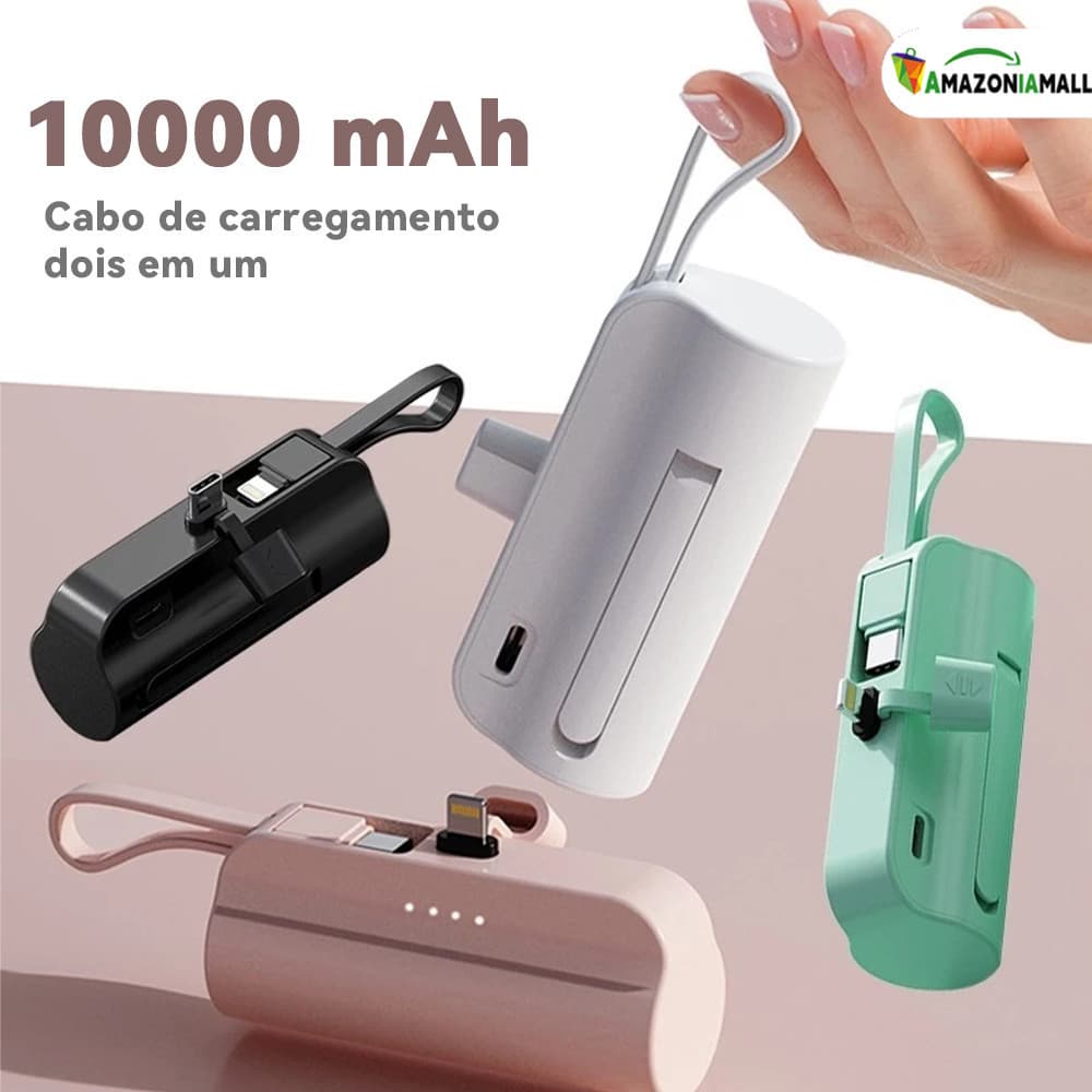 Bateria Externa 10000mAh Compacta com Carregador Sem Fio | Dupla Entrada (iPhone/Tipo-C)