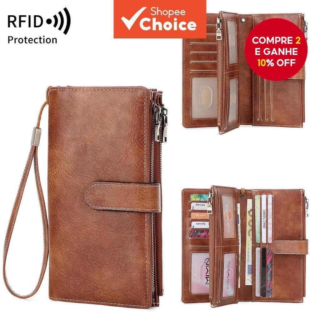 RFID Blindagem Carteira Feminina Retro Três Dobras Longa Multifuncional Grande Capacidade Duplo Zíper Embreagem Bolsa Ti