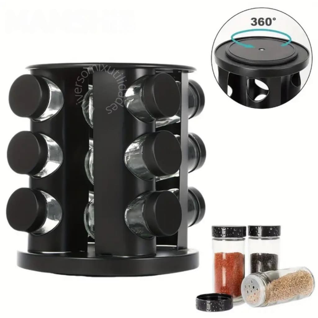 Porta Tempero Giratorio Preto Com 6/9 Potes Vidro Reforçado Premium
