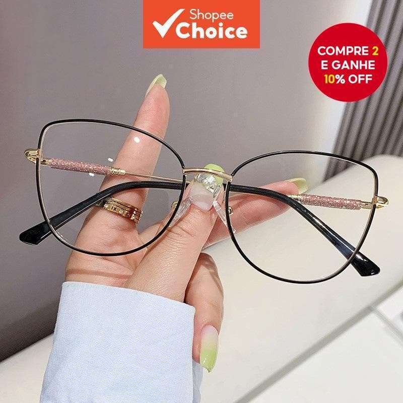 Óculos de sol femininos estilo olho de gato - armação de metal com lente transparente e bloqueio de luz azul.