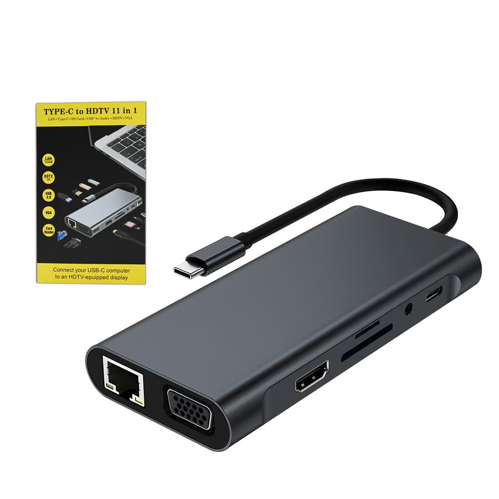 Hub USB Tipo C 11 em 1 Adaptador Expansor Multiporta USB3.0 HDMI VGA LAN Áudio TF SD OTG