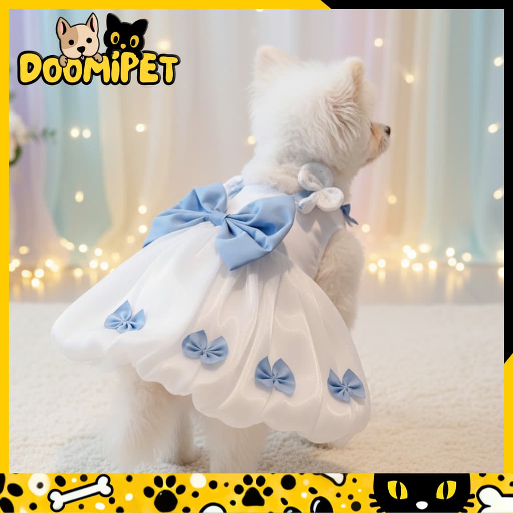 Vestido Princesa para Cachorro e Gato Vestido Pet Luxo com Laços Azul e Branco