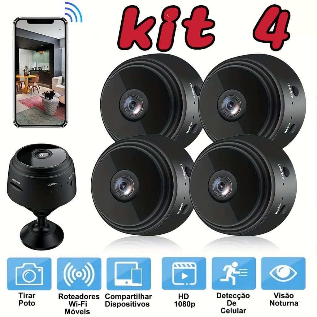 Kit 4 Câmera Mini A9 HD 1080P Vigilância WiFi com Sensor de Presença e Visão Noturna