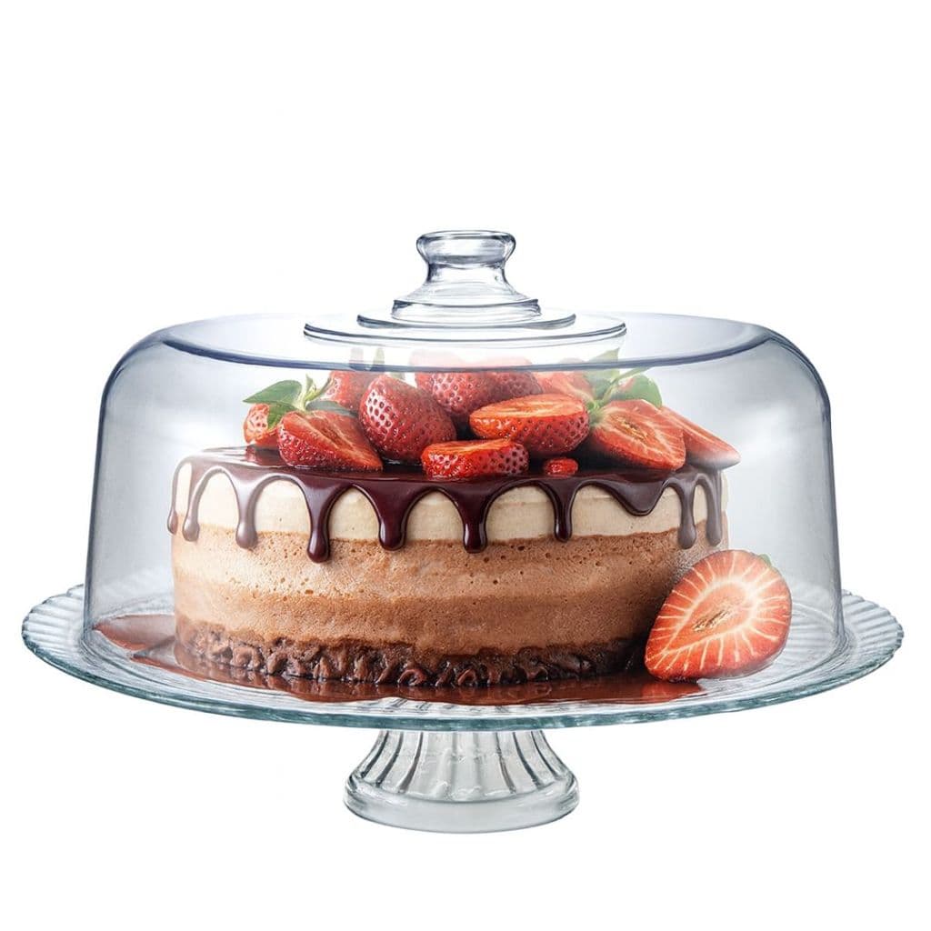 Boleira de Vidro Viena com Pé Tampa Acrílico 3x1 Suporte Para Bolo, Petisqueira, Salgados, Doces