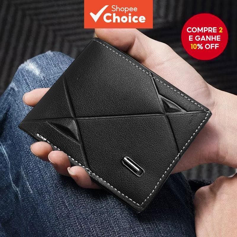 Carteira slim masculina de couro com slots para cartões e bolso para moedas, ideal para organizar dinheiro e cartões.