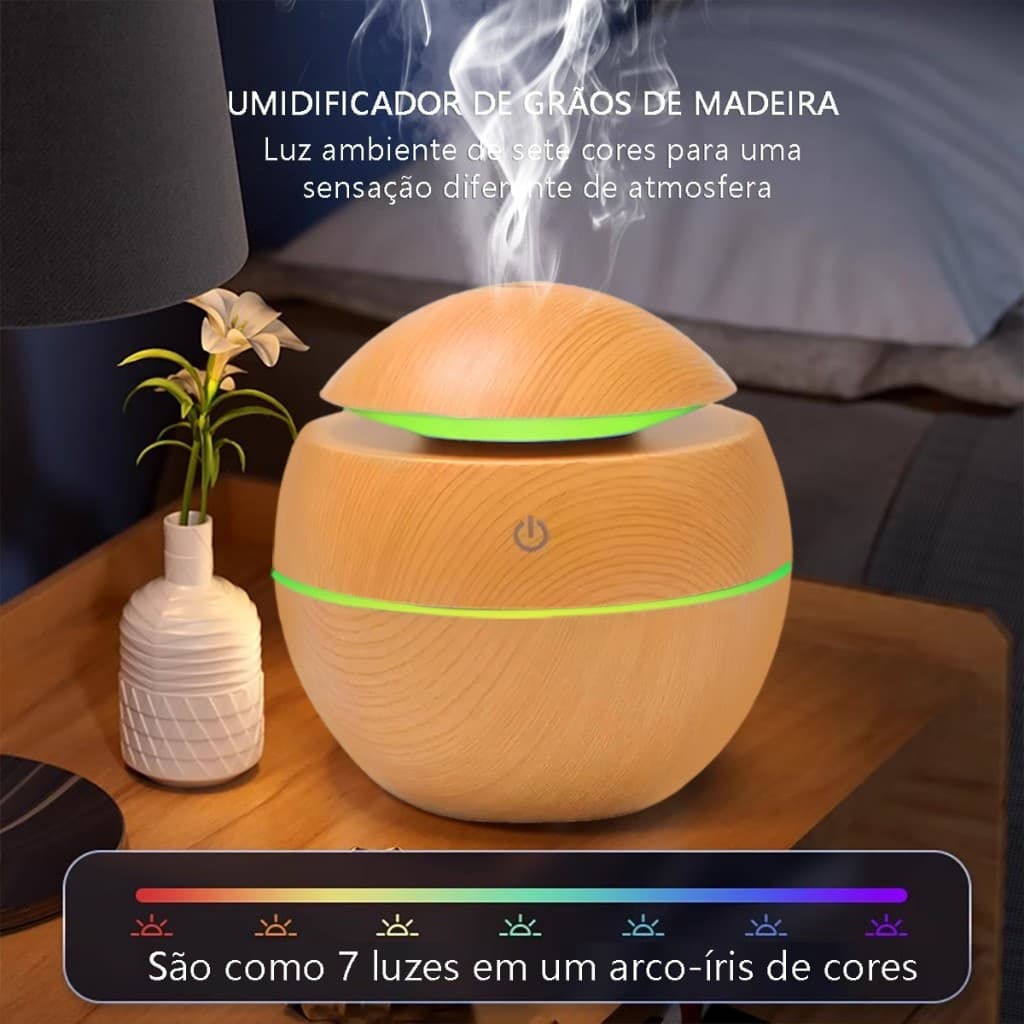 Umidificador de Ar em Formato de Cogumelo Silencioso 130ml Com Aparência de Madeira de Grão USB Carregamento