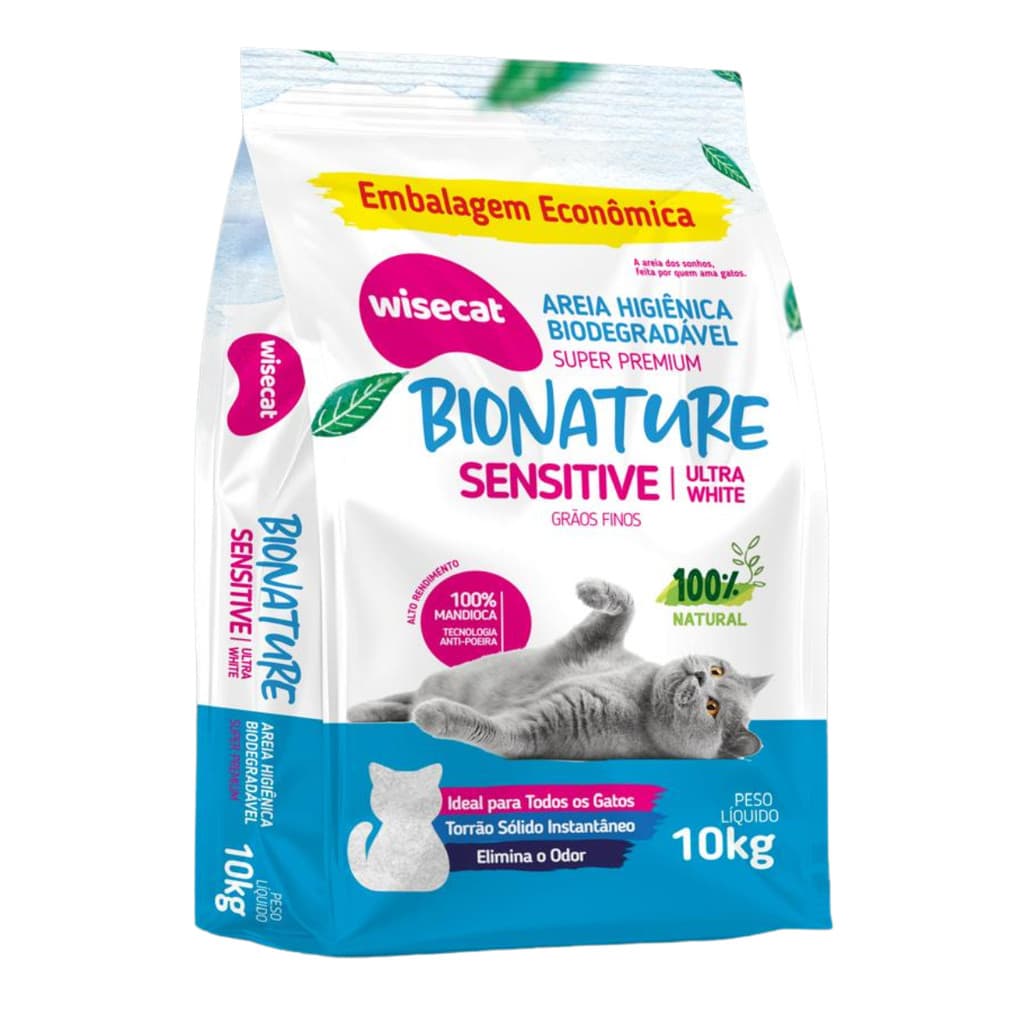 Areia Sanitária Higiênica para Gatos Natural Vegetal Mandioca Sensitive Grãos Finos Wisecat 10KG