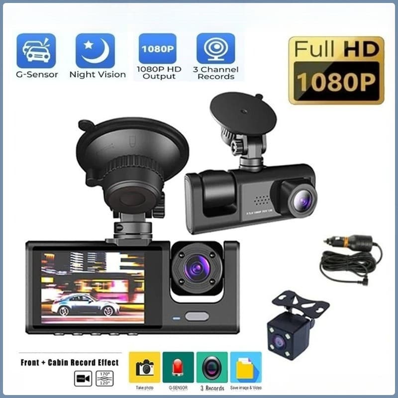 Câmera De Segurança De Veículos DVR De 3 Lentes 1080P Gravador De Vídeo Gravação Frontal , Visão Interna E Traseira