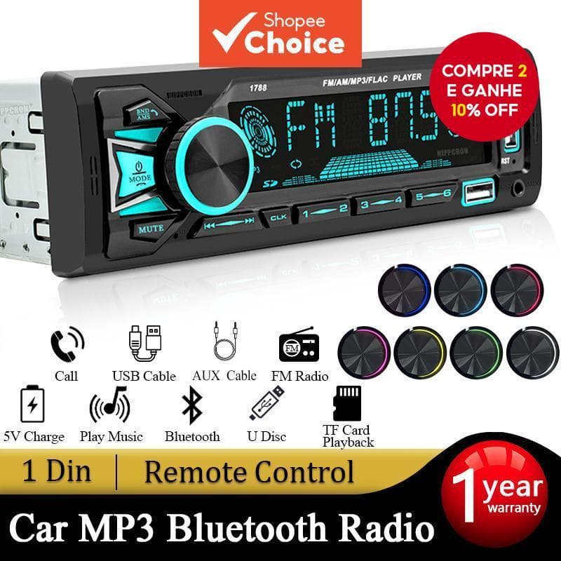 SINOVCLE Rádio Para Carro 1din Srereo Bluetooth MP3 Player Receptor FM Com Controle Remoto Cartão AUX/USB/TF No Painel