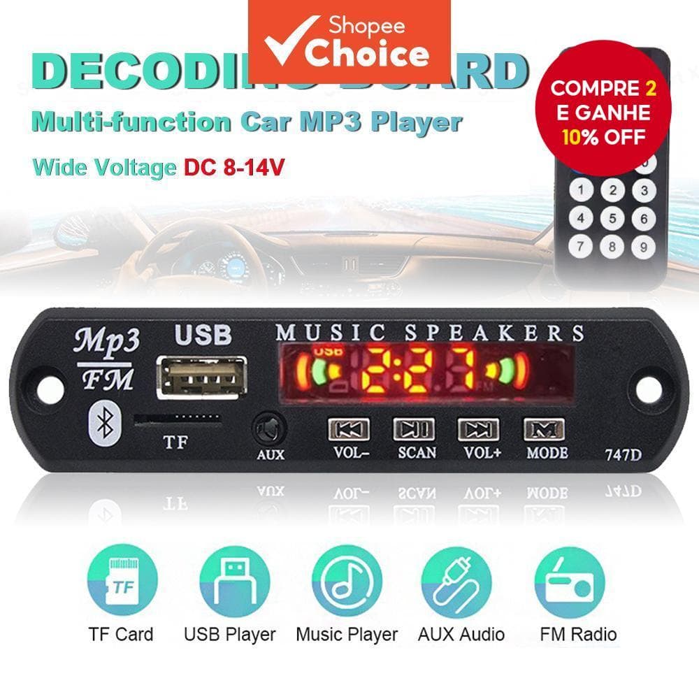 Módulo Bluetooth 5.0 MP3 USB/TF 12V – Rádio FM, Controle Remoto, Display Colorido para Áudio Automotivo