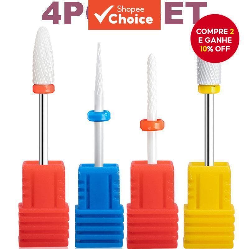 Kit 04 Brocas de Cerâmica para Unhas, Acabamento em Gel para Unhas, Barato para Motores de Lixa para Unhas.