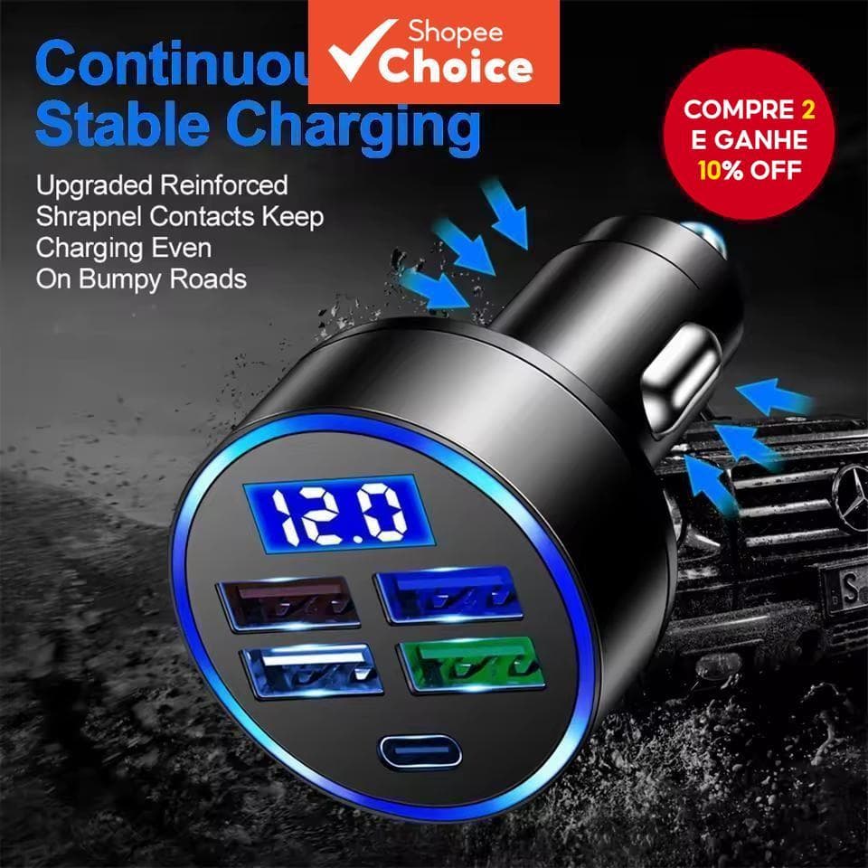 Carregador De Carro De 5 Portas De Carregamento Rápido PD QC3.0 USB Telefone Para Type C Adaptador No