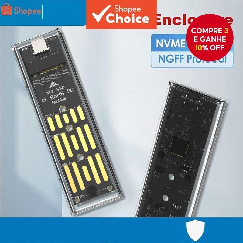  Gabinete NGFF NVMe de Dupla Protocolo para SSD M.2, Estojo Transparente