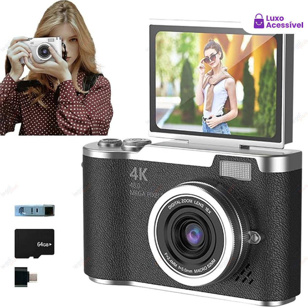 Câmera Digital 4K com Tela Flip 180° Ideal para Selfies Zoom 8x CCD 48MP Compacta Estudantil