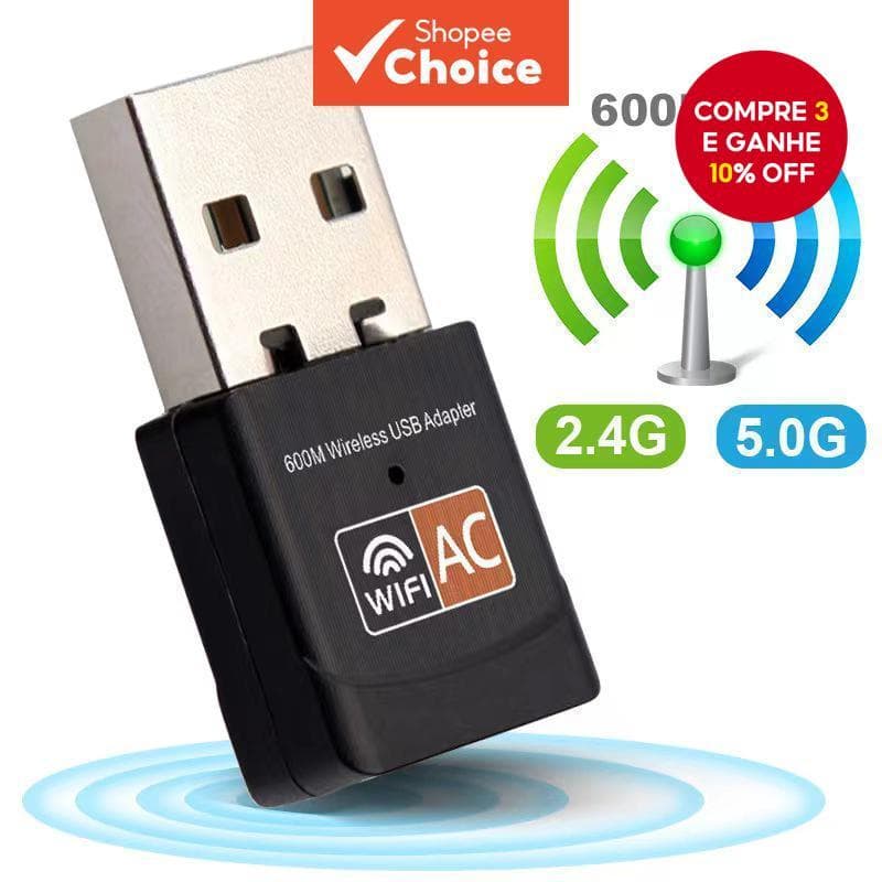 Adaptador Wi-Fi 600Mbps Antena USB De Banda Dupla 2.4G 5GHz Placa De Rede Sem Fio Para Laptop PC Escritório Bluetooth