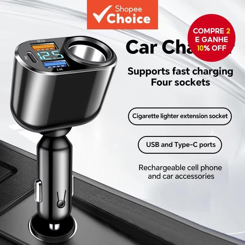 Carregador De Carro USB QC3.0 PD3.0 Tomada De Isqueiro Divisor Adaptador De Energia Com Display LED