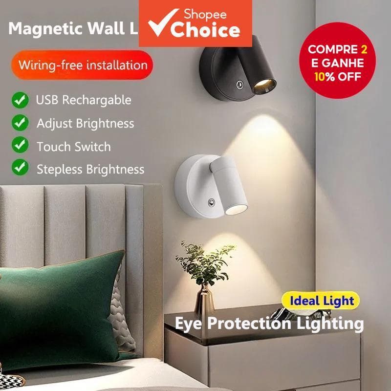 Lâmpada de Parede Sem Fio Recarregável com Luz de Escurecimento Ajustável para Leitura Noturna no Quarto de Dormir