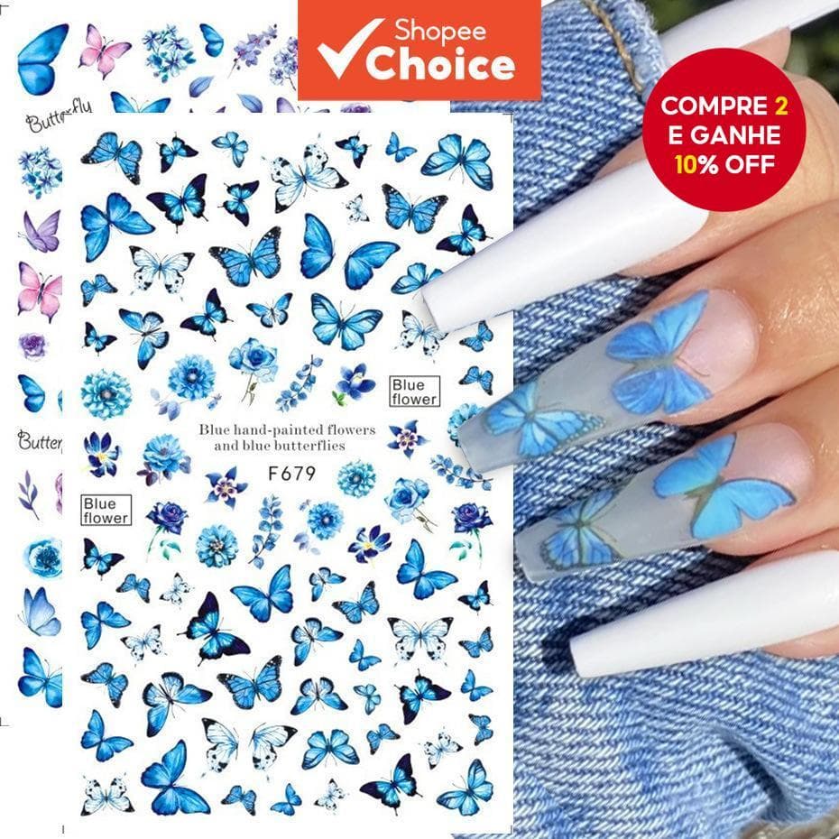 Autocolante Arte De Unhas Vintage Rosa Escura Azul Borboleta Decalque 3D Adesivo Flores Desenho De