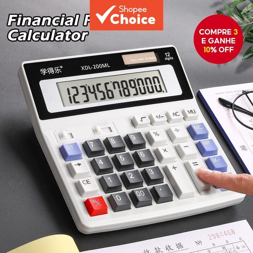  Calculadora de 12 dígitos com botões grandes, alimentada por energia solar, display LCD multifuncional para negócios,