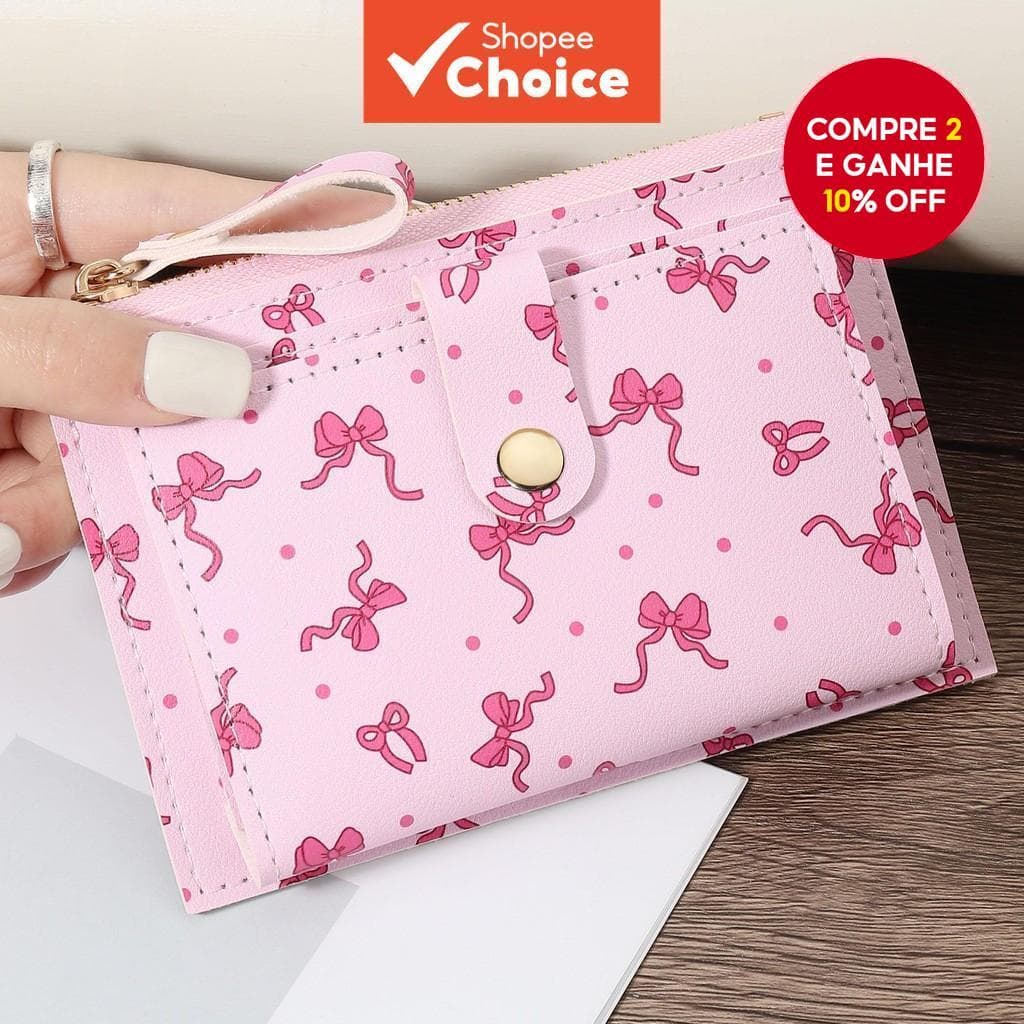 Carteira Feminina Rosa Com Estampa De Arco Multifuncional Curta Moeda Zíper Simples Casual Multi Slot