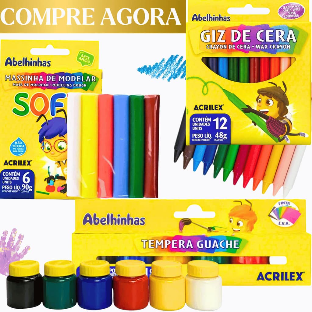 Kit Material Escolar Artes Infantil Giz De Cera Colorido+ Massinha para Modelar+ Tinta Guache