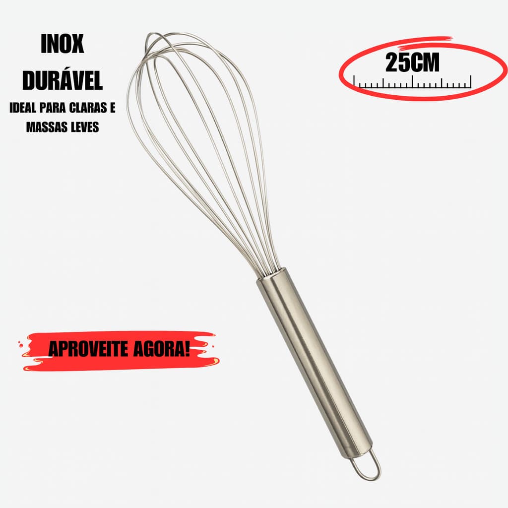 Batedor Fouet Inox 25cm  Manual Fue | Ideal para (Ovos, Cremes e Chantilly) e Massas Leves | Utensilio