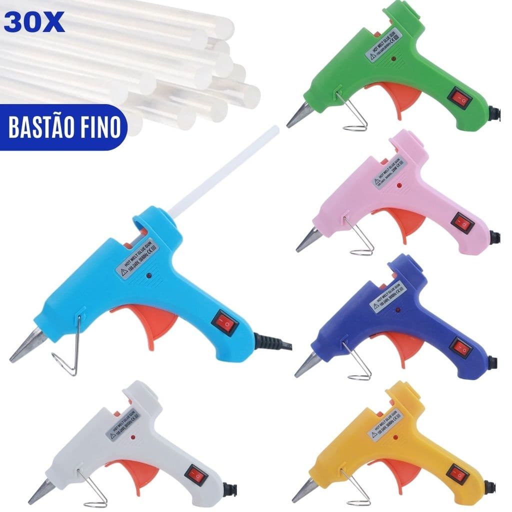 Pistola de Cola Quente Bico Fino Profissional Não Pinga 20W + 30 Bastões Botão LIGA/DESLIGA Bivolt