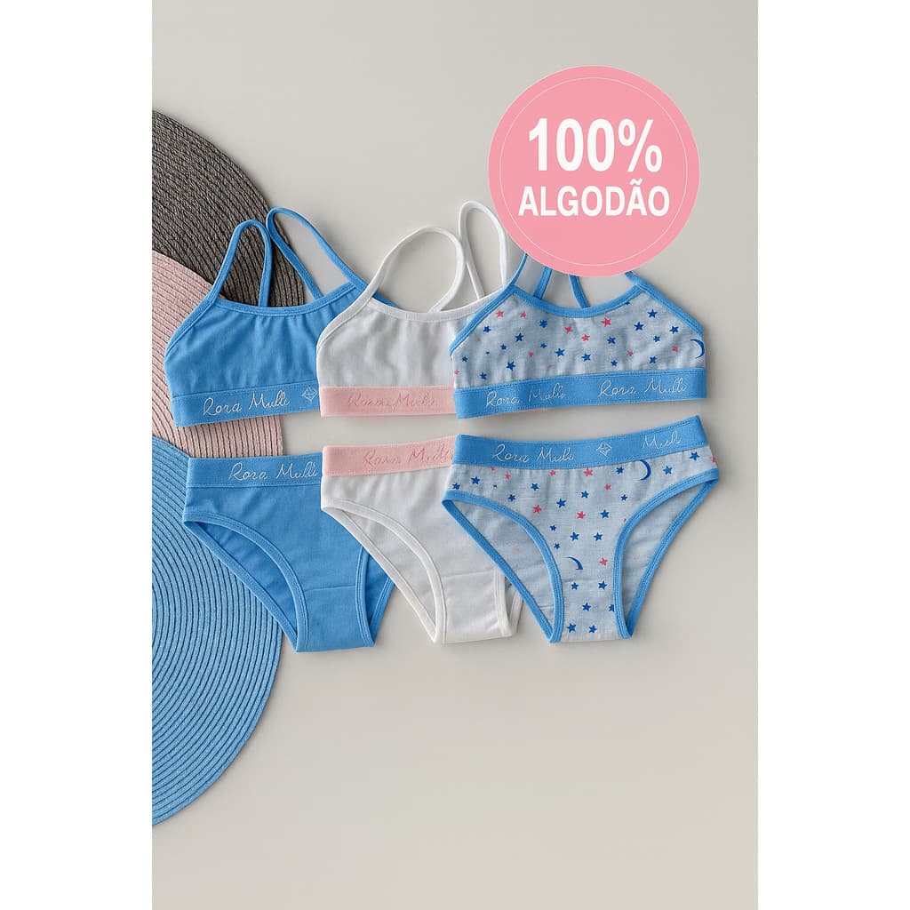 Kit 3 Conjunto Juvenil Feminino com Top e Calcinha em Algodão Cores Sortidas