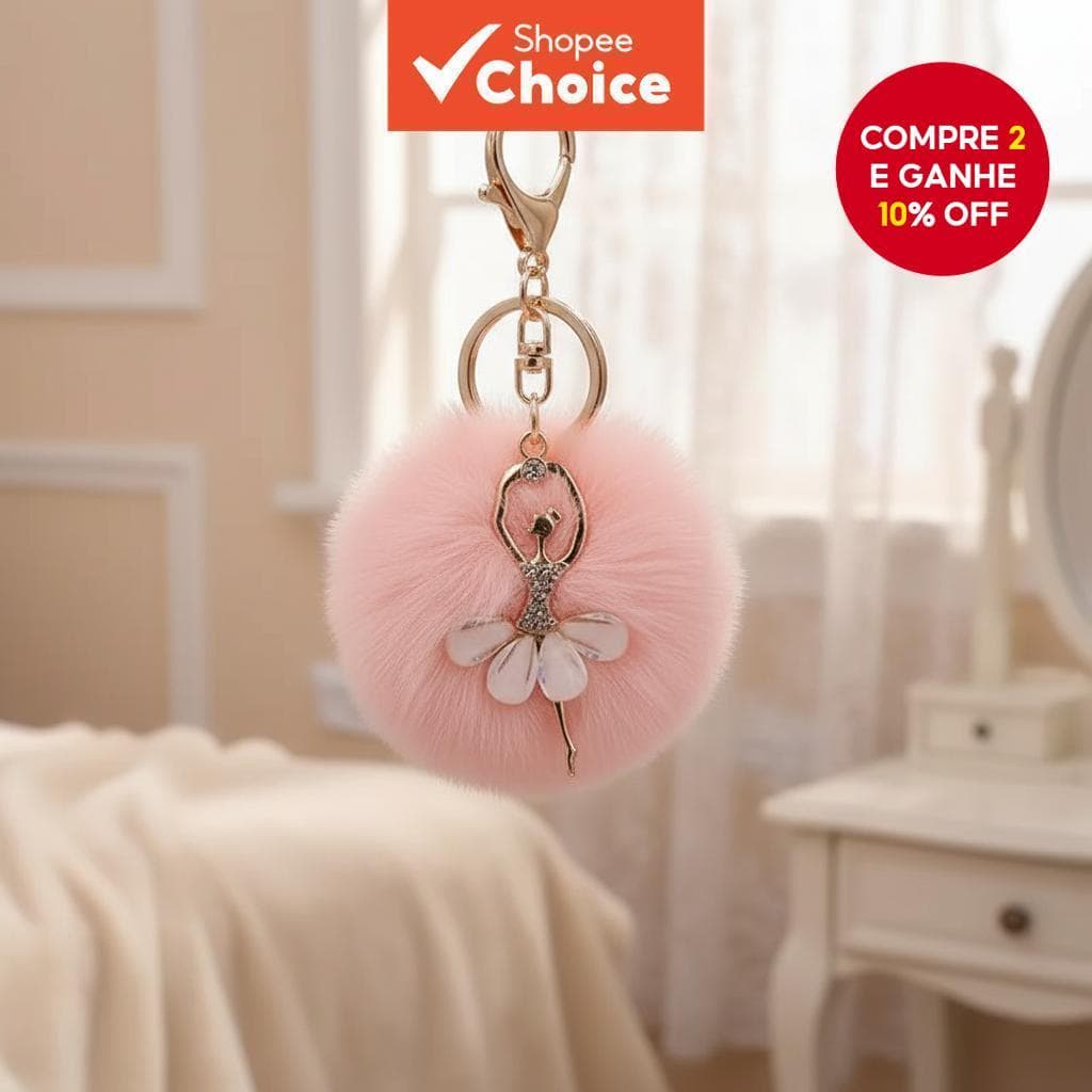 Chaveiro Charme Bailarina - Design de Anjo de Cristal com Pompom de Pelúcia de Coelho Sintético - Acessório de Carro