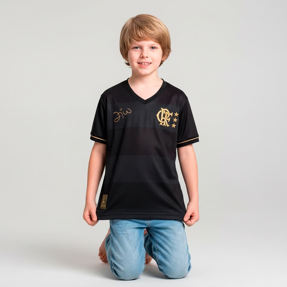 Camisa Flamengo Zico 1981 Preto e Ouro Retrô Masculina infantil