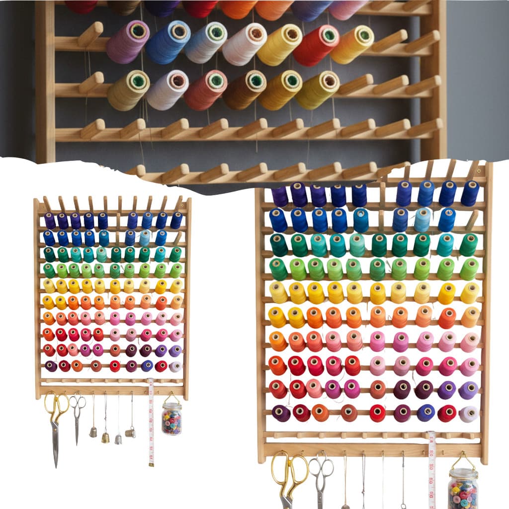 Organizador de Costura em Madeira 100 Cones  Porta Linhas Profissional com Suporte para Tesoura e Acessórios