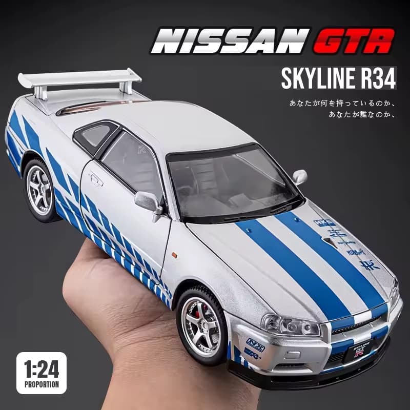 Velozes e Furiosos Nissan Skyline GT-R R34 Prata Miniatura Diecast 1:24 C/ Som Luz - Abre Portas Capô e Porta-malas